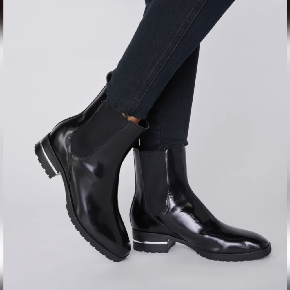 dolce vita black patent leather chelsea boots with silver heel